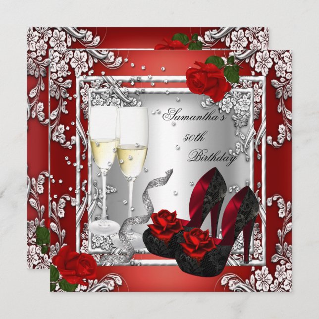 Invitation 50e fête d'anniversaire Red Rose Silver (Devant / Derrière)