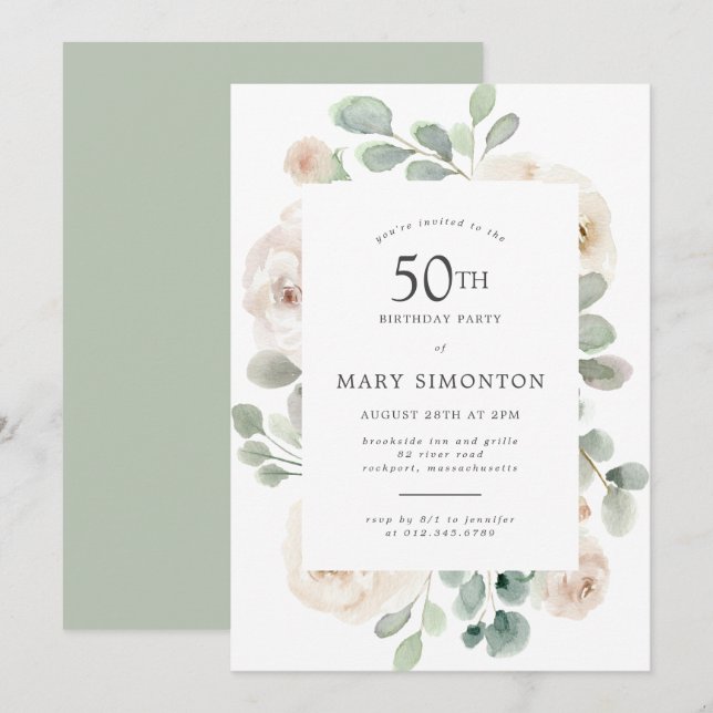 Invitation 50e fête d'anniversaire Rose blanche Floral (Devant / Derrière)
