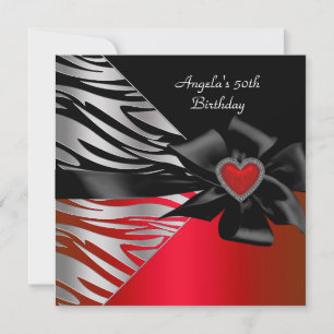 Invitation 50e fête d'anniversaire Rouge Argent Zèbre Noir Bl