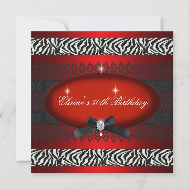 Invitation 50e fête d'anniversaire Rouge Blanc Noir Zèbre (Devant)