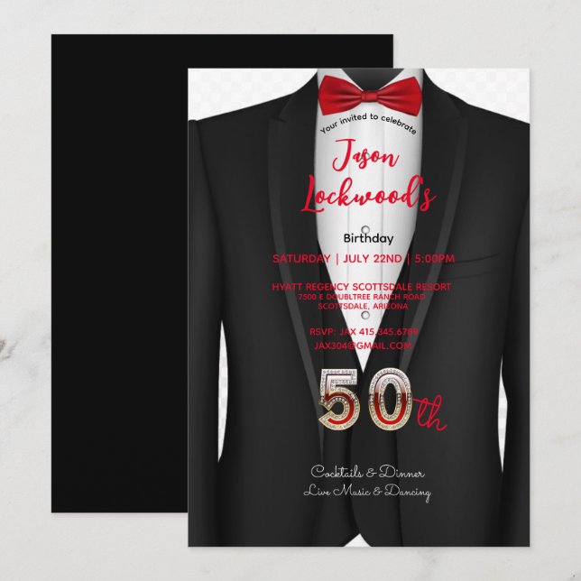 Invitation 50e fête d'anniversaire, tenue Tuxedo, Cravate noi (Devant / Derrière)