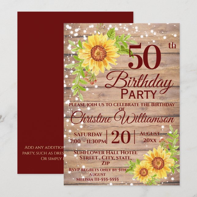 Invitation 50e fête d'anniversaire Tournesol floral rustique (Devant / Derrière)