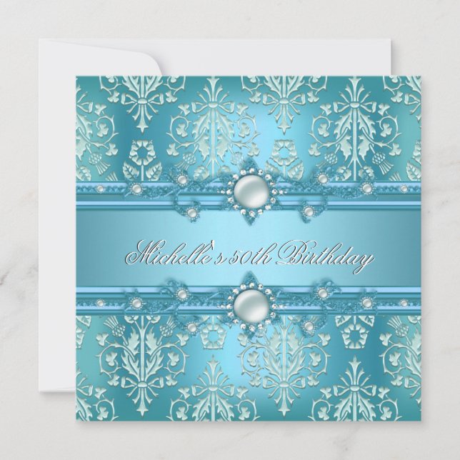 Invitation 50e fête d'anniversaire Turquoise Blue Pearl Damas (Devant)