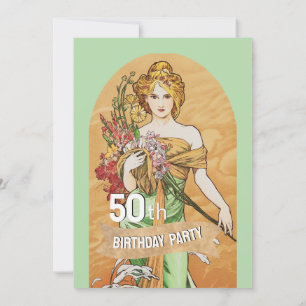 Invitation 50e fête d'anniversaire vintage, Mucha, déesse de 
