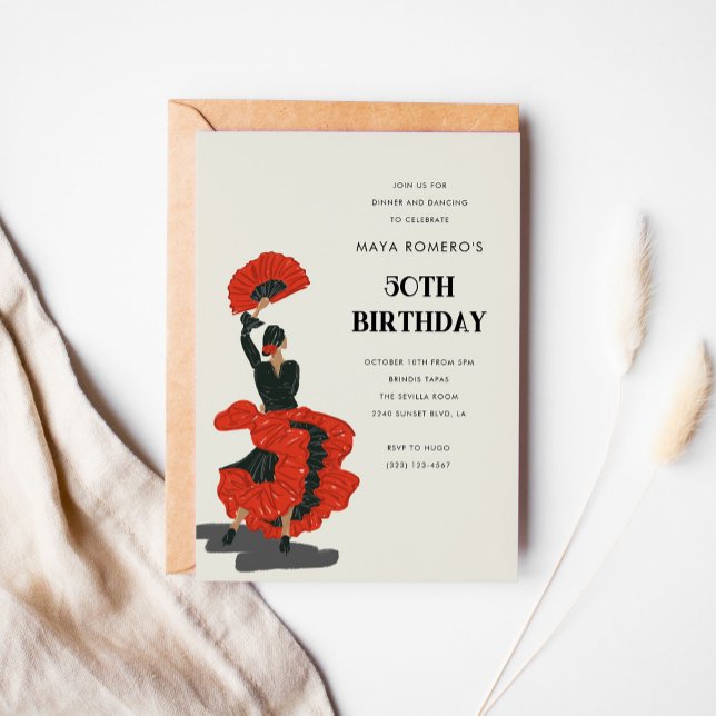 Invitation 50e Flamenco Dancer Anniversaire (Red and black flamenco dancer fiftieth birthday party invitation.)