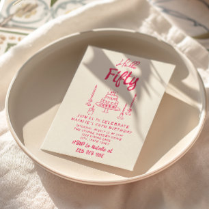 Invitation 50e gâteau à main rose bonjour cinquante anniversa