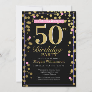 Invitation 50e Gold Noir Rose Confetti Surprise Anniversaire