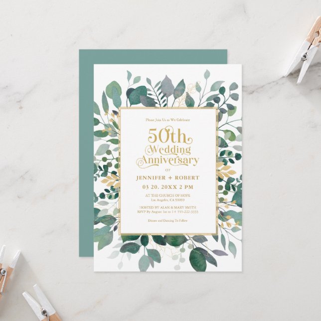 Invitation 50e mariage Anniversaire cadre de verdure or (Devant/Arrière en situation)