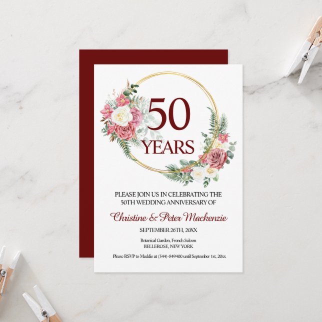 Invitation 50e Mariage d'or Roses (Devant/Arrière en situation)