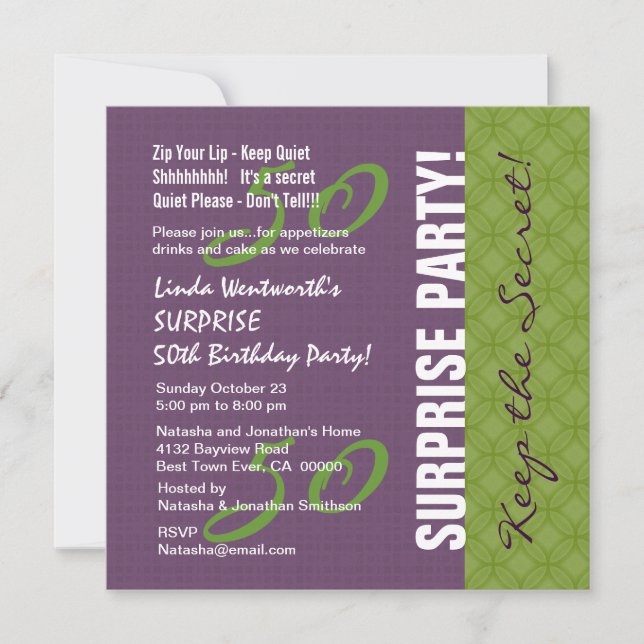 Invitation 50e Motif SURPRISE Anniversaire Violet et vert v2 (Devant)