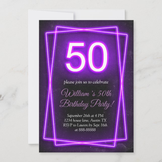 Invitation 50e Neon Lights Retro Black Chic Cinquante Anniver (Devant)