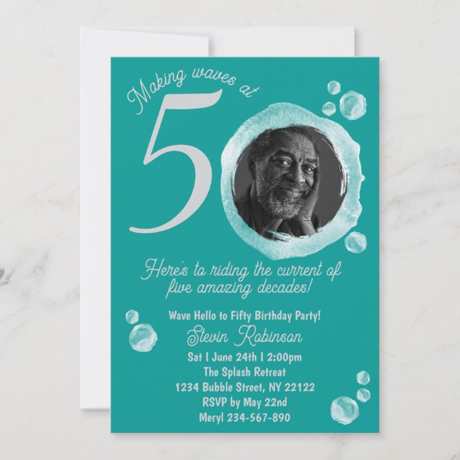 Invitation 50e Ocean Turquoise Bubbles Anniversaire Invitatio (Devant)