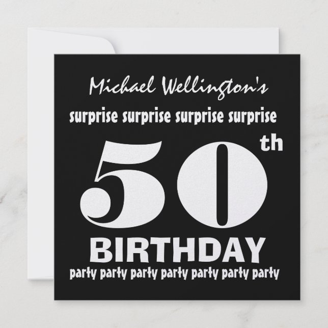 Invitation 50e SURPRISE Birthday Party Black White W1894 (Devant)