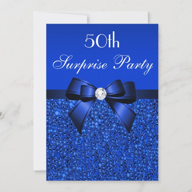 Invitation 50e Surprise Party Royal Blue Sequins and Bow (Devant)