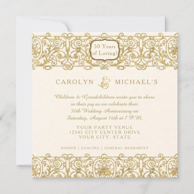Invitation 50ème Anniversaire de mariage Crème Art Déco avec  (Devant)
