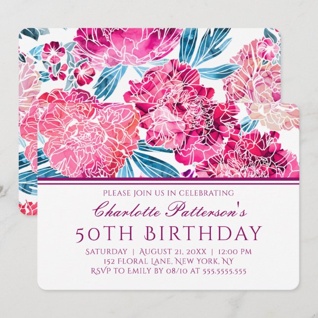 Invitation 50ème anniversaire fête stylish rose floral modèle (Devant / Derrière)