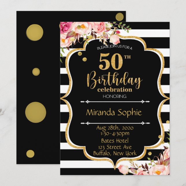 Invitation 50ème Black White Stripe rose Floral fête d'annive (Devant / Derrière)