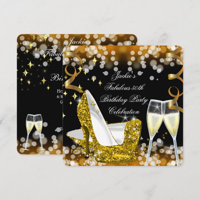 Invitation 50ème Fabuleux Parties scintillant d'or talons hau (Devant / Derrière)