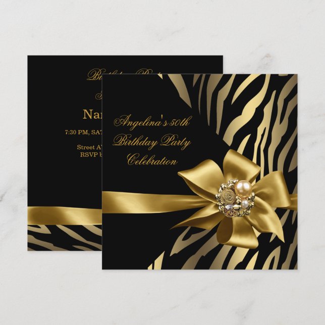 Invitation 50ème Zebra Old Gold Cream Black Birthday Party (Devant / Derrière)