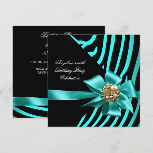Invitation 50ème Zebra Turquoise Gold Black Elegant Birthday 