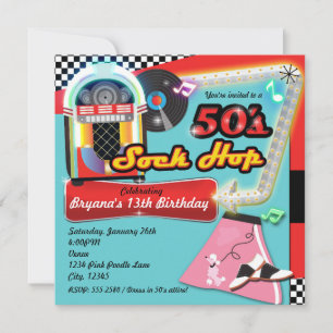 Invitation 50's SOCK HOP fête d'anniversaire Retro Red Invita