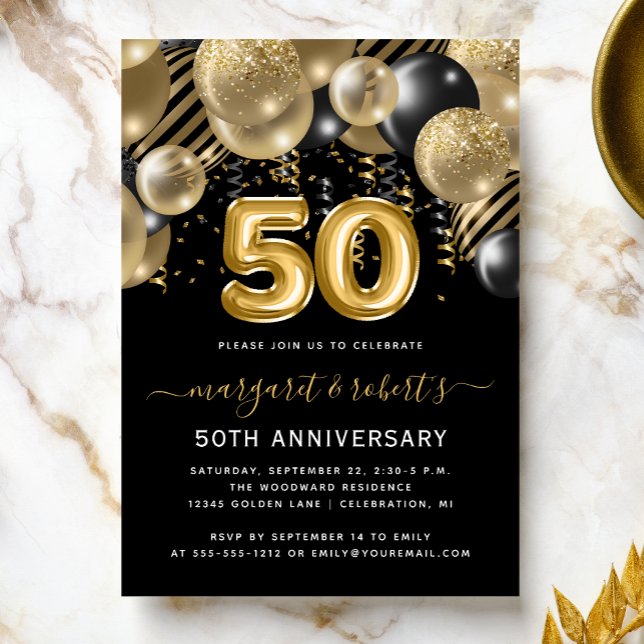 Invitation 50th Anniversary Gold Black Balloon Arch Party (Créateur téléchargé)