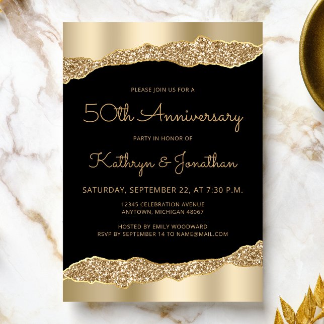 Invitation 50th Anniversary Party Black Gold Foil Glitter  (Créateur téléchargé)