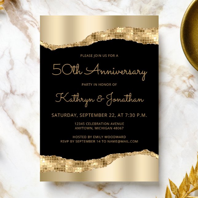 Invitation 50th Anniversary Party Black Gold Mirror Foil  (Créateur téléchargé)