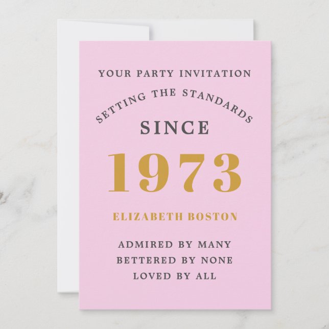 Invitation 50th Birthday 1973 Pink Grey Ajouter un nom Année (Devant)