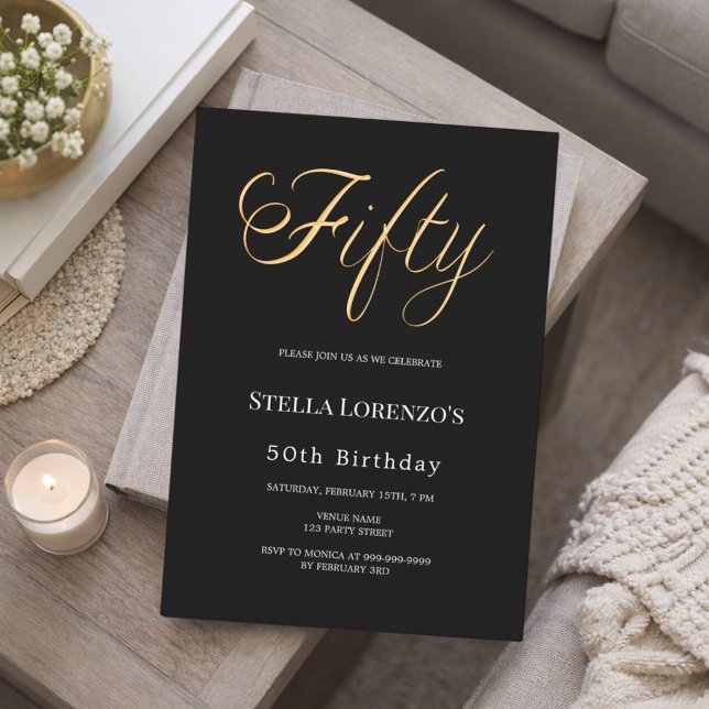 Invitation 50th birthday black gold script typography (Créateur téléchargé)