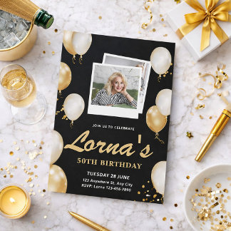 Invitation 50th Birthday Elegant Black & Gold Photo Collage