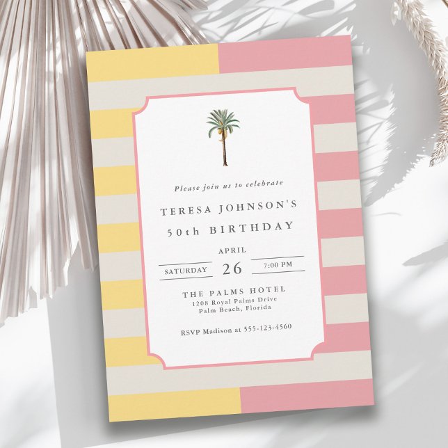 Invitation 50th Birthday Palm Beach Pastel Stripe Tropical (Available in both printed and instant download digital formats.)