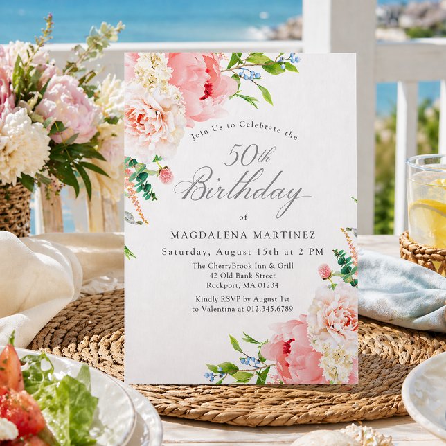 Invitation 50th Birthday Party Feminine Pink Roses Floral (Créateur téléchargé)