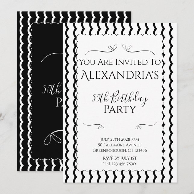 Invitation 50th Birthday Party Modern Black and White (Devant / Derrière)
