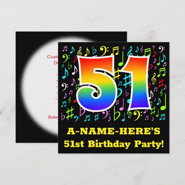 Invitation 51e fête d'anniversaire : Symboles de musique amus (Devant / Derrière)