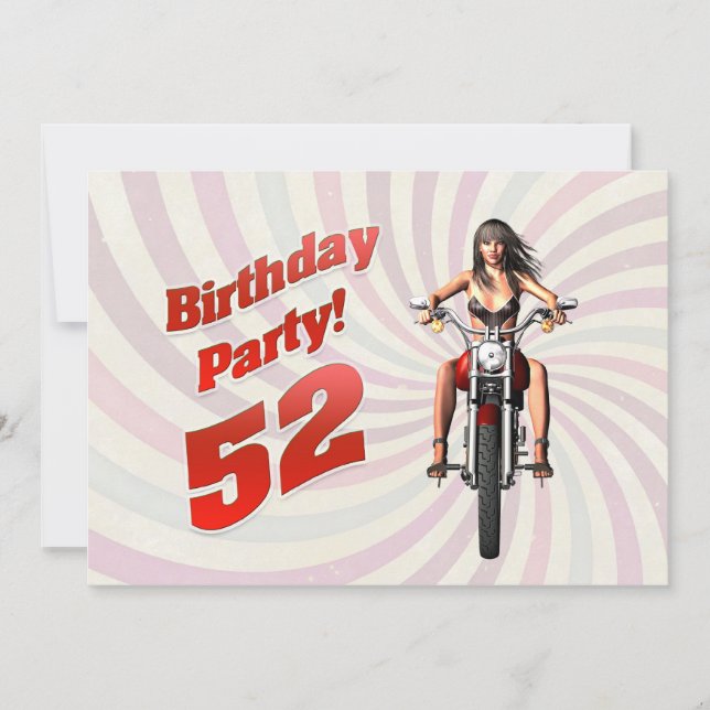 Invitation 52e anniversaire avec une fille sur une moto (Devant)