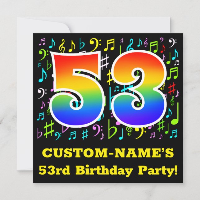 Invitation 53e fête d'anniversaire : Symboles de musique amus (Devant)