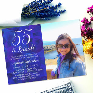 Invitation 55 et retraité photo bleue Anniversaire retraite