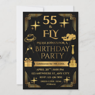 INVITATION 55 & FLY 5X7 CORNERED STYLE MEN'S BIRTHDAY PARTY
