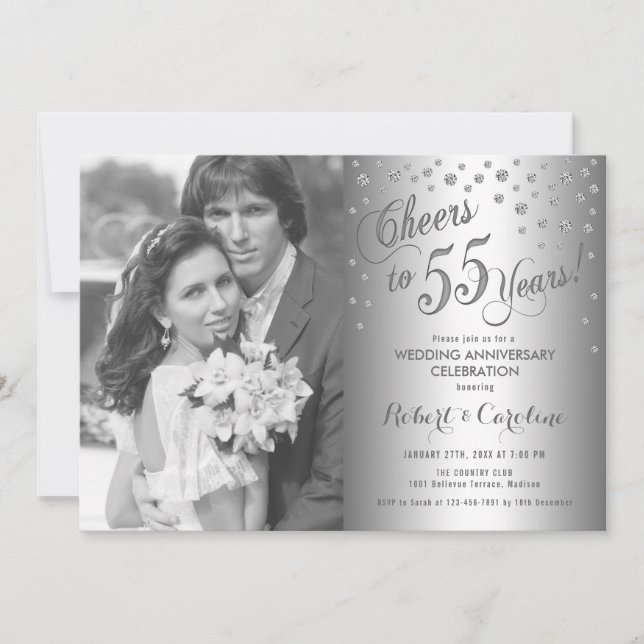 Invitation 55e Anniversaire avec Photo - Argent Diamant (Devant)