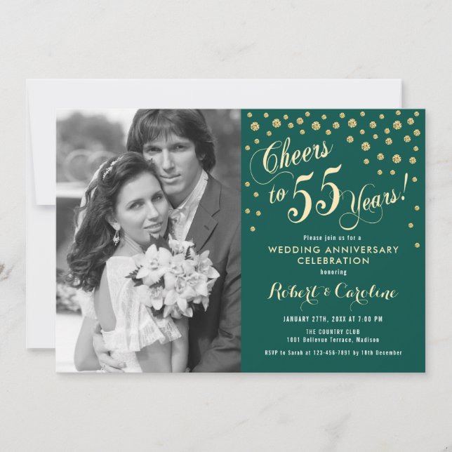 Invitation 55e anniversaire avec photo - Gold Emerald Green (Devant)