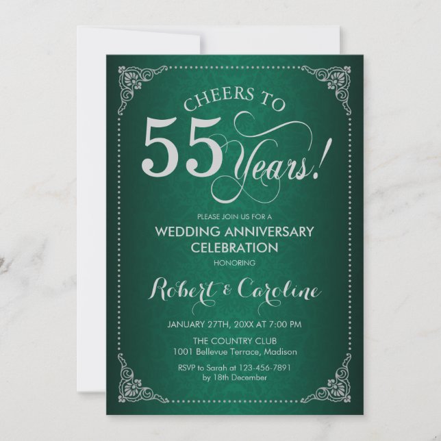 Invitation 55e anniversaire de mariage - Damassé vert argent (Devant)