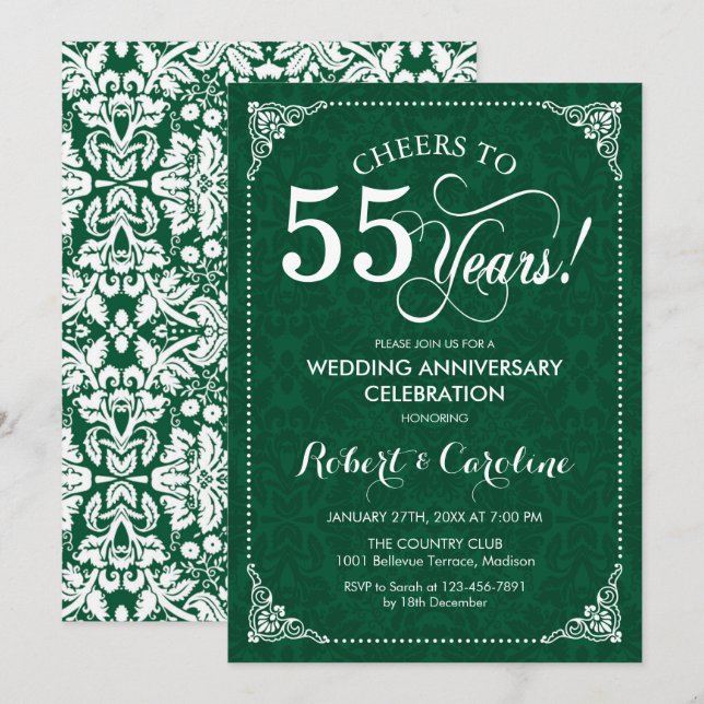 Invitation 55e anniversaire de mariage Vert émeraude Damassé (Devant / Derrière)
