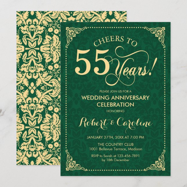 Invitation 55e anniversaire de mariage Vert émeraude Or Damas (Devant / Derrière)