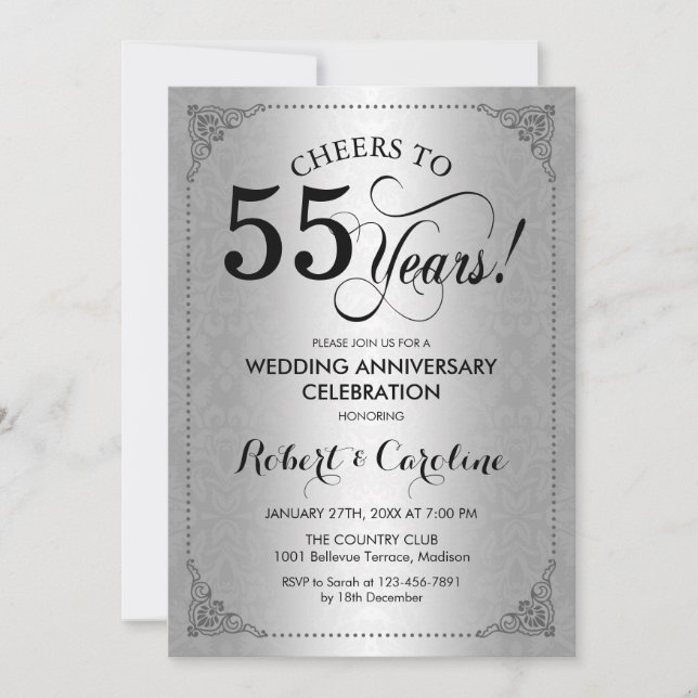 Invitation 55e anniversaire du Mariage - Argent noir Damas (Devant)