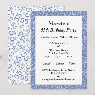 Invitation 55e fête d'anniversaire, Motif de numéro bleu/blan
