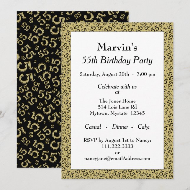 Invitation 55e fête d'anniversaire, Motif de numéro noir/or (Devant / Derrière)
