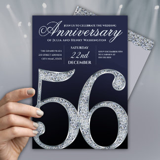Invitation 56e Anniversaire Moderne Bleu Marine Argent Diaman