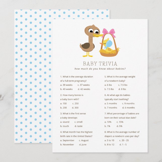 Invitation 5 Petits Canards Trivia bébé | Baby shower garçon (Devant / Derrière)