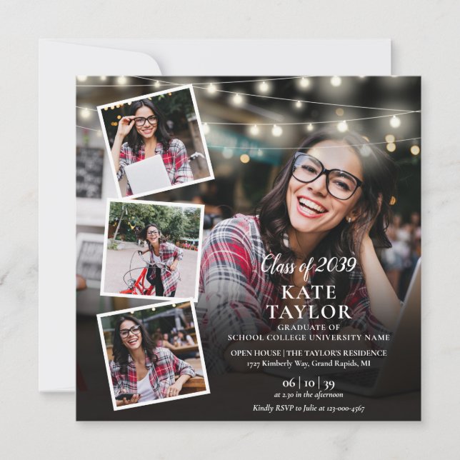 Invitation 5 Photo Collage String Lights Graduation Party (Devant)
